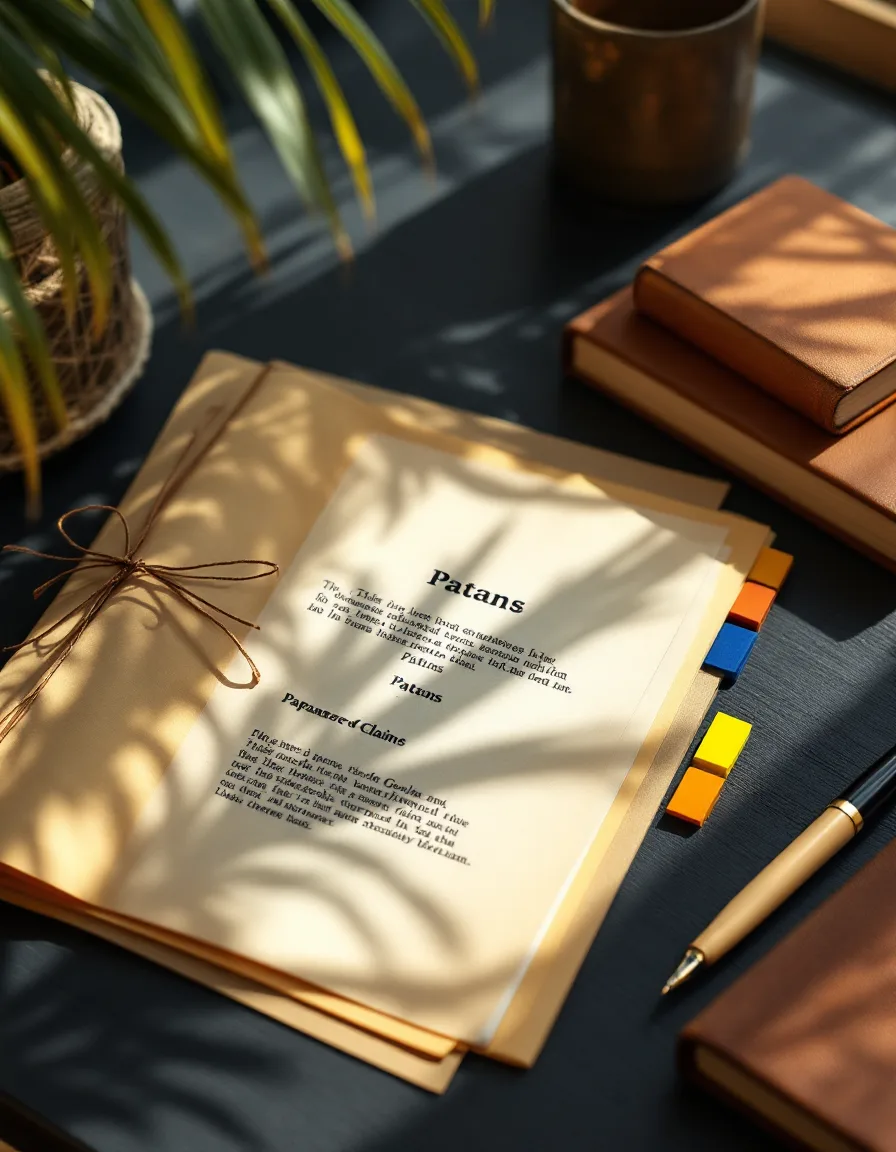 A folder of printed patent pages tied with copper string beside a fountain pen and a technical dictionary, palm-frond shadows falling across the desk.