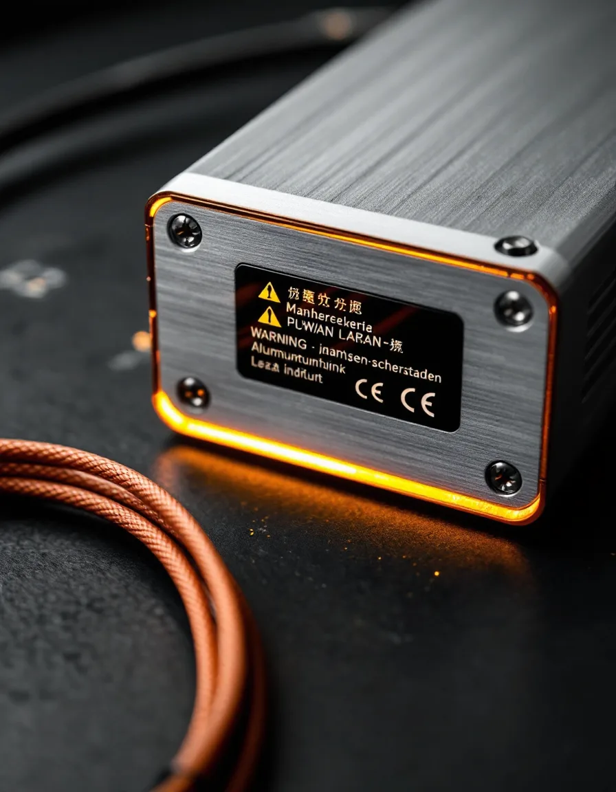 An aluminium industrial control unit with a safety label carrying German and Japanese warning text side by side, a copper cable coiled beside it.